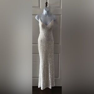 La Femme Elegant V Neckline White Sequin Gown
